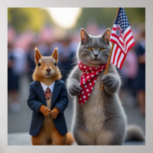 Patriotisches Eichhörnchen und Katze Poster