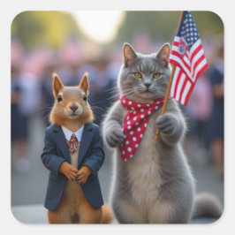 Patriotisches Eichhörnchen und Katze Quadratischer Aufkleber