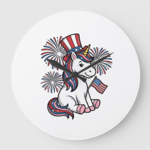 Patriotisches Einhorn-Feuerwerk-Shirt-Design_1 Große Wanduhr