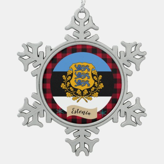 Patriotisches Estland, Büffel kariert, Estnische F Schneeflocken Zinn-Ornament (Vorderseite)