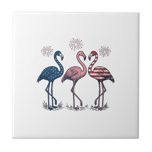 Patriotisches Flamingo-Trio Vintage-Stich-Design_1 Fliese (Vorderseite)