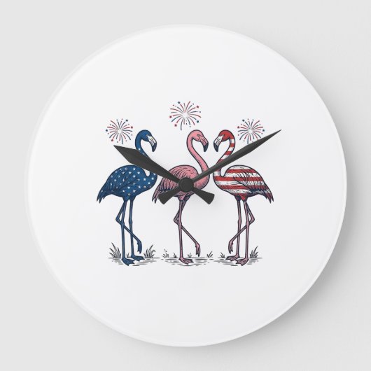 Patriotisches Flamingo-Trio Vintage-Stich-Design_1 Große Wanduhr (Vorderseite)