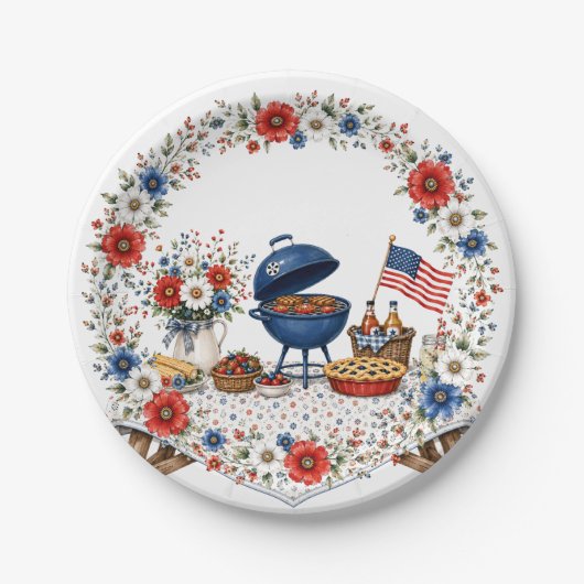 Patriotisches florales Memorial Day BBQ Pappteller (Vorderseite)