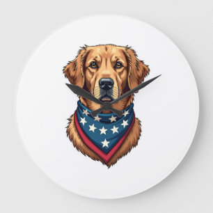 Patriotisches Golden Retriever-Bandana-Vintage-T-S Große Wanduhr