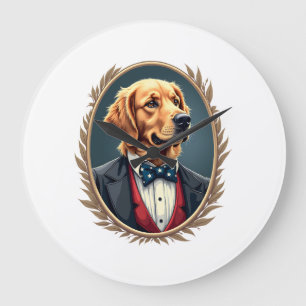 Patriotisches Golden Retriever-Porträt Vintage-T-S Große Wanduhr
