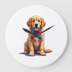 Patriotisches Golden Retriever Welpen Vintage-Shir Große Wanduhr