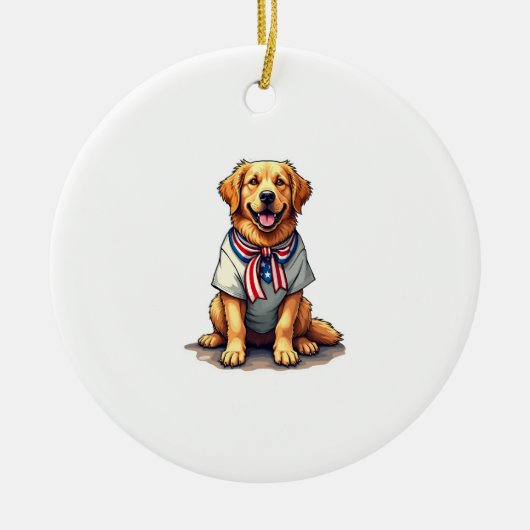 Patriotisches Goldenes Hund Vintage Gravur Shirt 2 Keramik Ornament (Vorne)