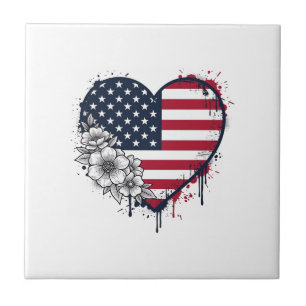 Patriotisches Herz Blumiges Vintage-Stichdesign_1 Fliese
