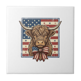 Patriotisches Highland-Kuh-Vintage-Stickerei-Shirt Fliese