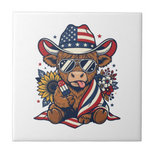 Patriotisches Highland-Kuh-Vintage-Stickerei-Shirt Fliese