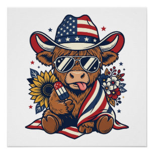Patriotisches Highland-Kuh-Vintage-Stickerei-Shirt Poster