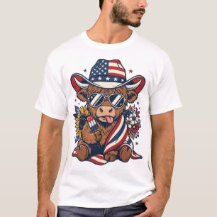 Patriotisches Highland-Kuh-Vintage-Stickerei-Shirt T-Shirt
