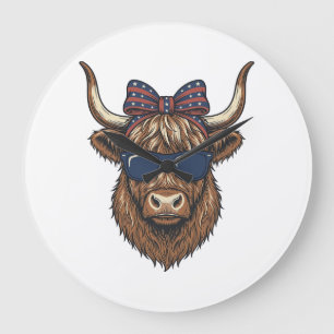 Patriotisches Highland-Rind Vintage-Stich-Design_1 Große Wanduhr