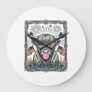 Patriotisches Highland-Rind Vintage-Stich-Design_1 Große Wanduhr