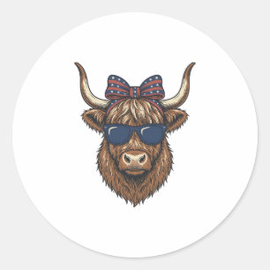 Patriotisches Highland-Rind Vintage-Stich-Design_1 Runder Aufkleber