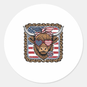 Patriotisches Highland-Rind Vintage-Stich-Design ( Runder Aufkleber