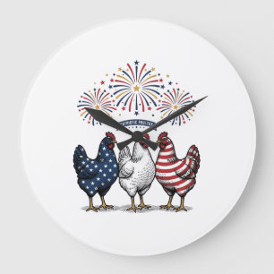 Patriotisches Hühner-Trio Vintage-Stich Vektor De Große Wanduhr