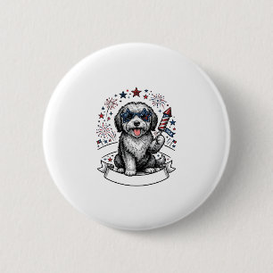 Patriotisches Hund-Feuerwerk Vintage-Vector-Shirt_ Button