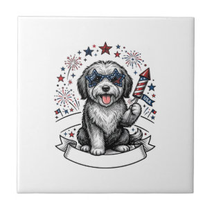 Patriotisches Hund-Feuerwerk Vintage-Vektor-Shirt_ Fliese