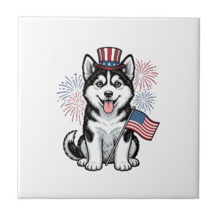 Patriotisches Husky-Welpen-Vintage-Gravur-Shirt-De Fliese