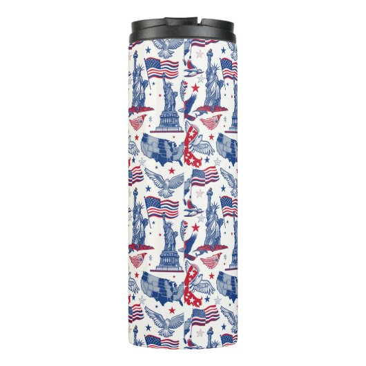 Patriotisches Ikonenmuster - Freiheitsstatue, Flag Thermosbecher (Rückseite)