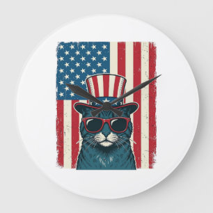 Patriotisches Katzenflagge Vintage Gravur Shirt De Große Wanduhr