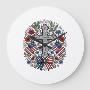 Patriotisches Kreuz Blumenflagge Vintage Große Wanduhr