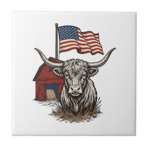 Patriotisches Longhorn-Rind und rotes Scheunendesi Fliese