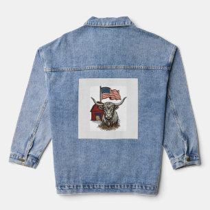 Patriotisches Longhorn-Rind und rotes Scheunenvekt Jeansjacke
