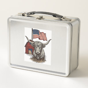 Patriotisches Longhorn-Rind und rotes Scheunenvekt Metall Brotdose