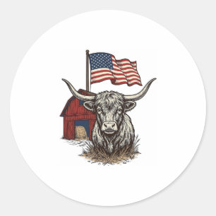 Patriotisches Longhorn-Rind und rotes Scheunenvekt Runder Aufkleber
