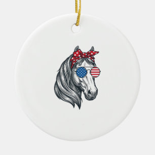 Patriotisches Pferd mit Flagge Sonnenbrille Vintag Keramik Ornament