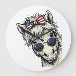 Patriotisches Pony mit Sonnenbrille Vintage-Vektor Große Wanduhr