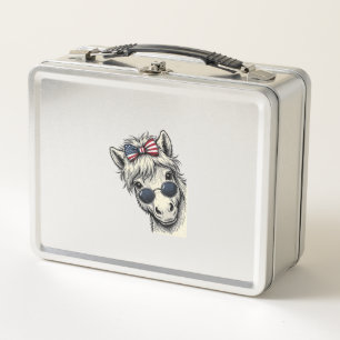 Patriotisches Pony mit Sonnenbrille Vintage-Vektor Metall Brotdose