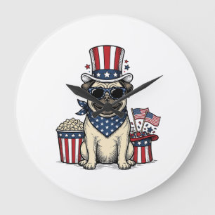 Patriotisches Pug Vintage-Gravur-Hunde-Shirt-Desig Große Wanduhr