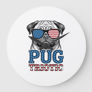 Patriotisches Pug Vintage-Stickerei-Shirt-Design_1 Große Wanduhr
