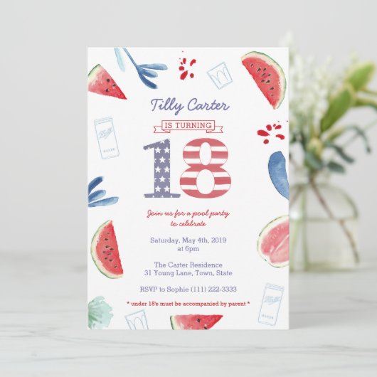 Patriotisches Red White Blue Pool Party 18. Geburt Einladung (Stehend Vorderseite)