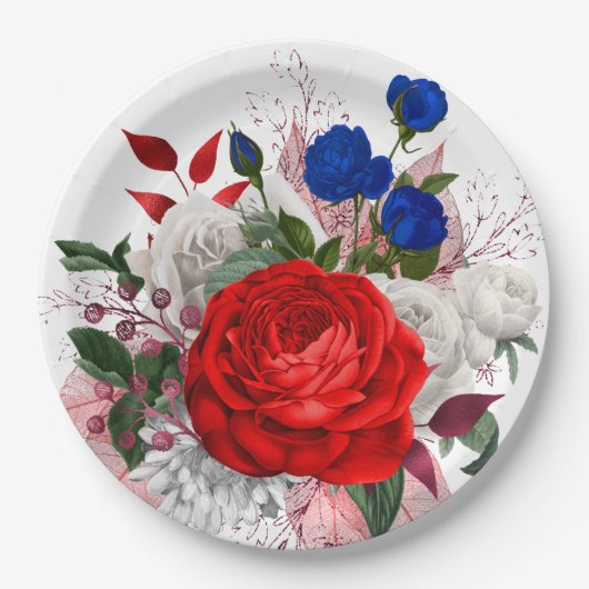 Patriotisches Rosenbouquet Pappteller (Vorderseite)