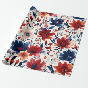 Patriotisches Rot Blau Weiß Floral (10) Geschenkpapier