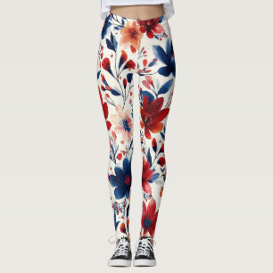 Patriotisches Rot Blau Weiß Floral (10) Leggings