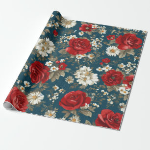 Patriotisches Rot Blau Weiß Floral (11) Geschenkpapier