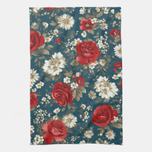 Patriotisches Rot Blau Weiß Floral (11) Geschirrtuch