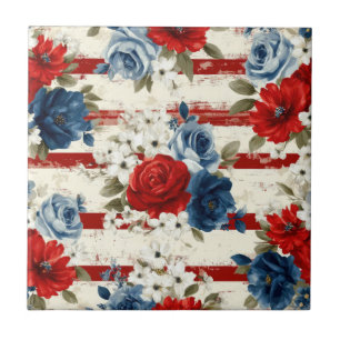 Patriotisches Rot Blau Weiß Floral (2) Fliese