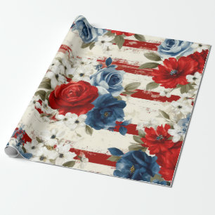 Patriotisches Rot Blau Weiß Floral (2) Geschenkpapier