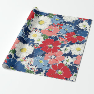 Patriotisches Rot Blau Weiß Floral (3) Geschenkpapier
