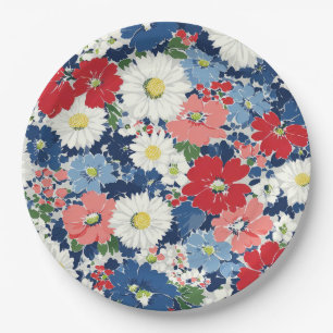 Patriotisches Rot Blau Weiß Floral (3) Pappteller