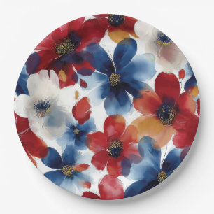 Patriotisches Rot Blau Weiß Floral (5) Pappteller