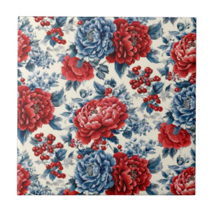 Patriotisches Rot Blau Weiß Floral (7) Fliese