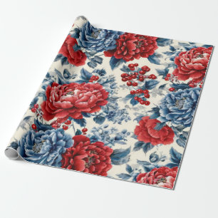 Patriotisches Rot Blau Weiß Floral (7) Geschenkpapier