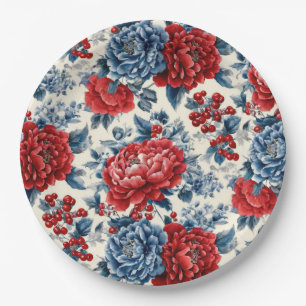 Patriotisches Rot Blau Weiß Floral (7) Pappteller